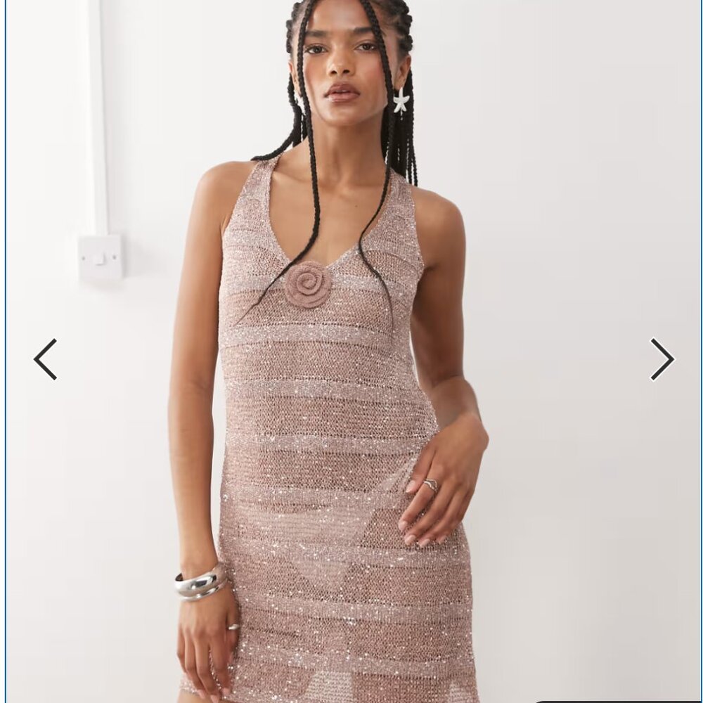 Miss Selfridge beach sequin crochet floral corsage mini dress in dusty pink S